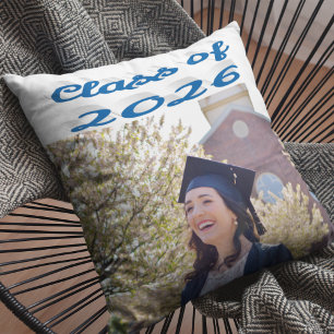 Class of 2026 sea blue script graduation photo throw pillow