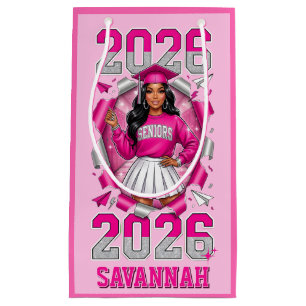 Class of 2026 Senior Black Girl Grad Pink Silver Small Gift Bag