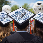 Class of 2026 Senior Varsity Emblem Graduation Cap Topper<br><div class="desc">Class of 2026 Senior Varsity Emblem Graduation Cap Topper A bold “CLASS OF 2026” layout in varsity‑style blue lettering, accented by a graduation cap above the text. A flowing black cursive “Senior” overlays the large numbers, adding a personal, celebratory touch. Beneath the design, a smaller block “SENIOR” reinforces the milestone...</div>