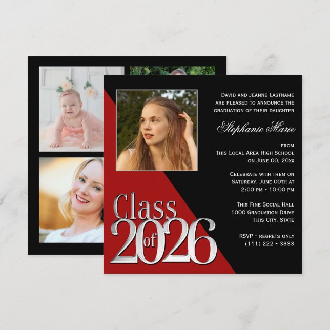 Class of 2026 Silver Grad Red with Photo Invitation (Front/Back)