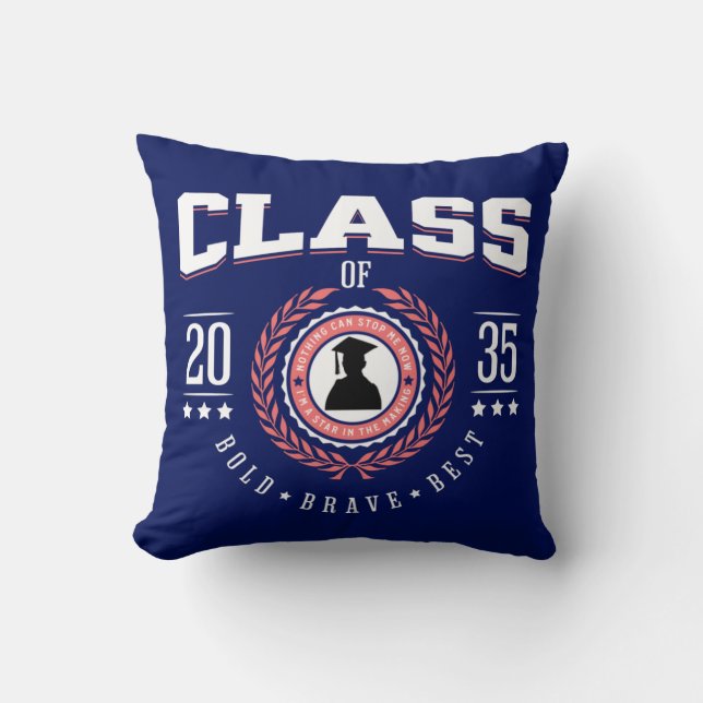 Class of 2035 Graduation Day White Text Red Shadow Throw Pillow (Front)