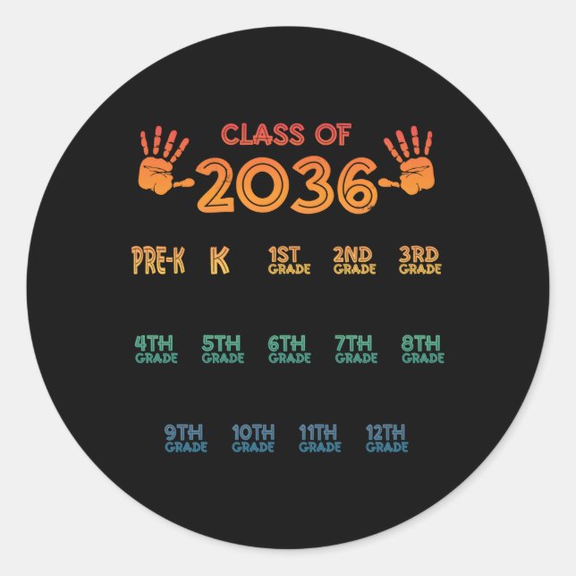 Class Of 2036 Colourful Handprint Pre K 12Th Grade Classic Round Sticker (Front)