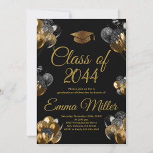 Class of 20XX,  Black and Gold Balloons Graduation Invitation
