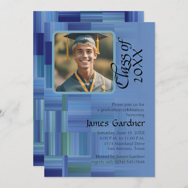 Class of 20XX  Colour Blocks and Stripes Blue Phot Invitation (Front/Back)