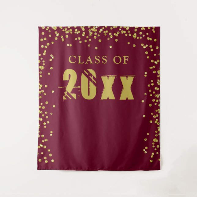 CLASS OF 20XX Gold Confetti Maroon Photo Backdrop Tapestry (Front)