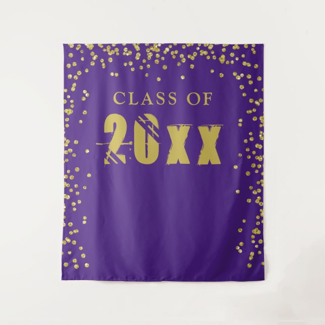 CLASS OF 20XX Gold Confetti Purple Photo Backdrop Tapestry (Front)