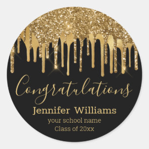 Class of 20xx graduate black gold dripping glitter classic round sticker