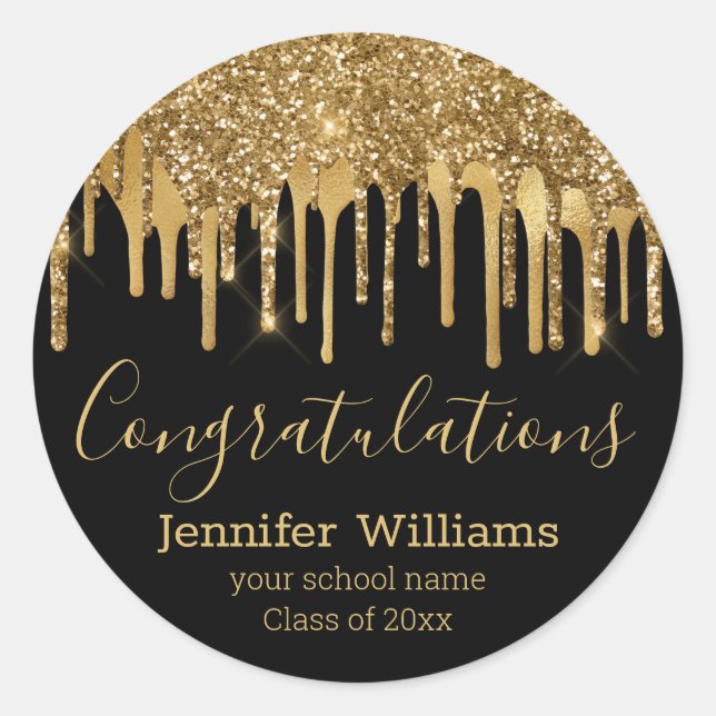 Class of 20xx graduate black gold dripping glitter classic round sticker (Front)