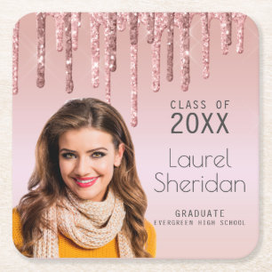 Class of 20XX Graduate Pink Glitter Custom Photo  Square Paper Coaster