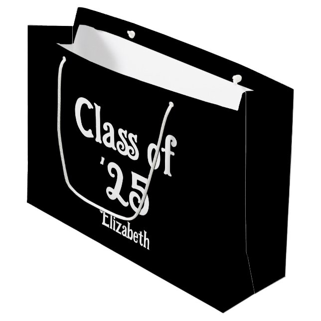 Class of '25 Black and White Retro Font Grad Name Large Gift Bag (Front Angled)
