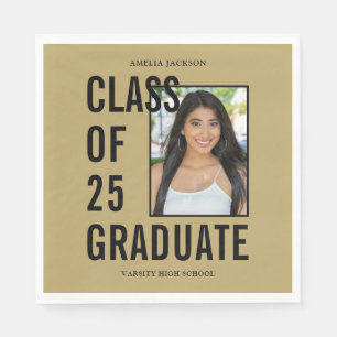 Class Of 25 Black & Gold Photo Graduation Paper Napkin