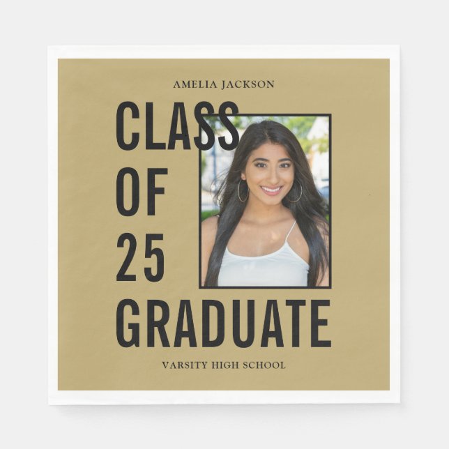 Class Of 25 Black & Gold Photo Graduation Paper Napkin (Front)