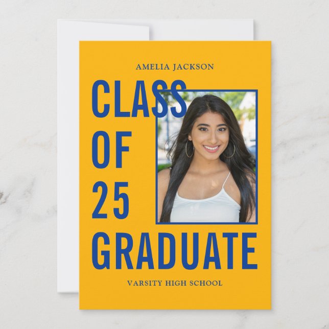 Class Of 25 Blue & Gold Photos Graduation Party Invitation (Front)