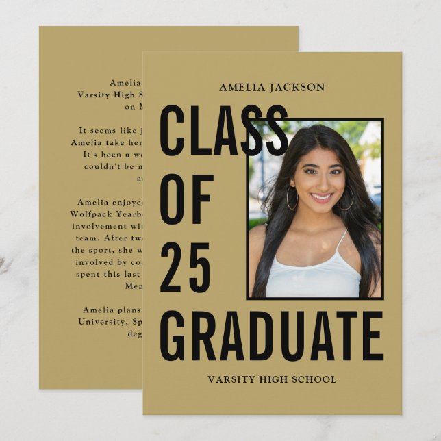 Class Of 25 Gold Photo Graduation Announcement (Front/Back)