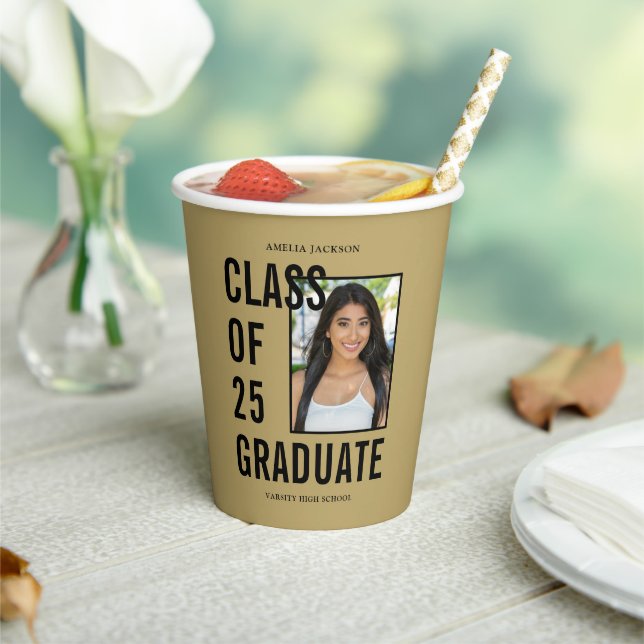 Class Of 25 Gold Photo Graduation Party Paper Cups (Insitu)