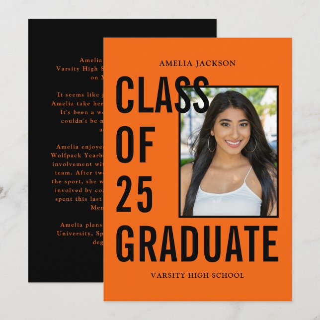Class Of 25 Graduate Orange Black Photo Graduation Announcement (Front/Back)