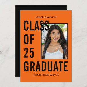 Class Of 25 Graduate Orange Black Photo Graduation Announcement