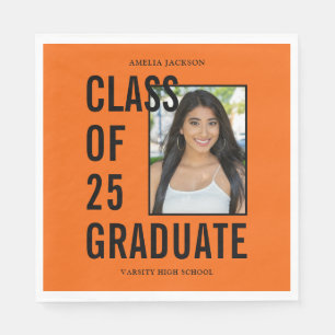 Class Of 25 Graduate Orange & Black Photo Napkin