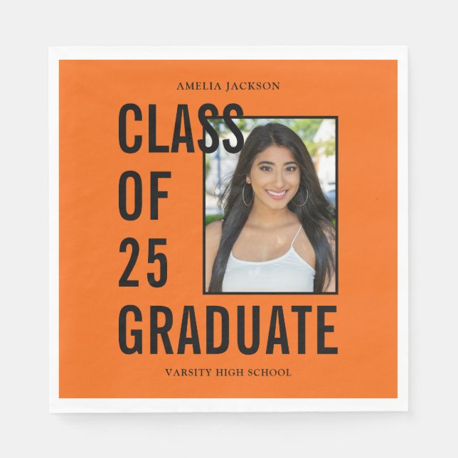 Class Of 25 Graduate Orange & Black Photo Napkin (Front)