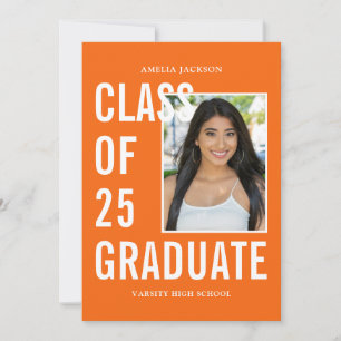 Class Of 25 Graduate Orange White Photo Graduation Announcement