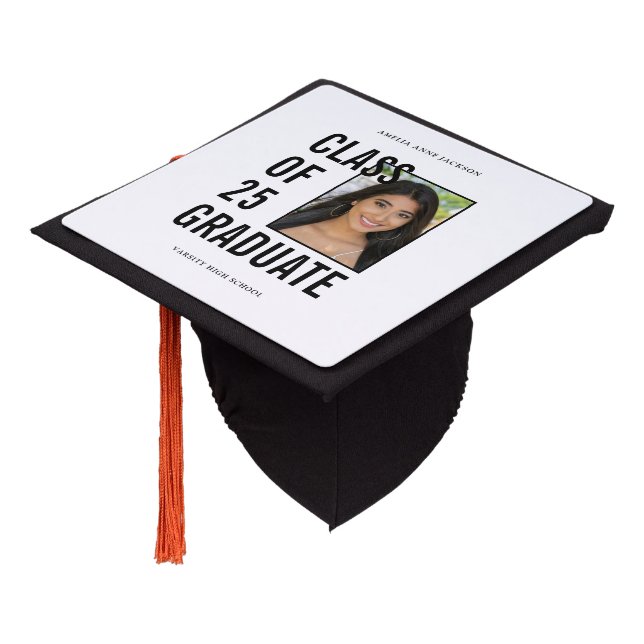 Class Of 25 Graduate Photo Black & White Graduation Cap Topper (Angled)