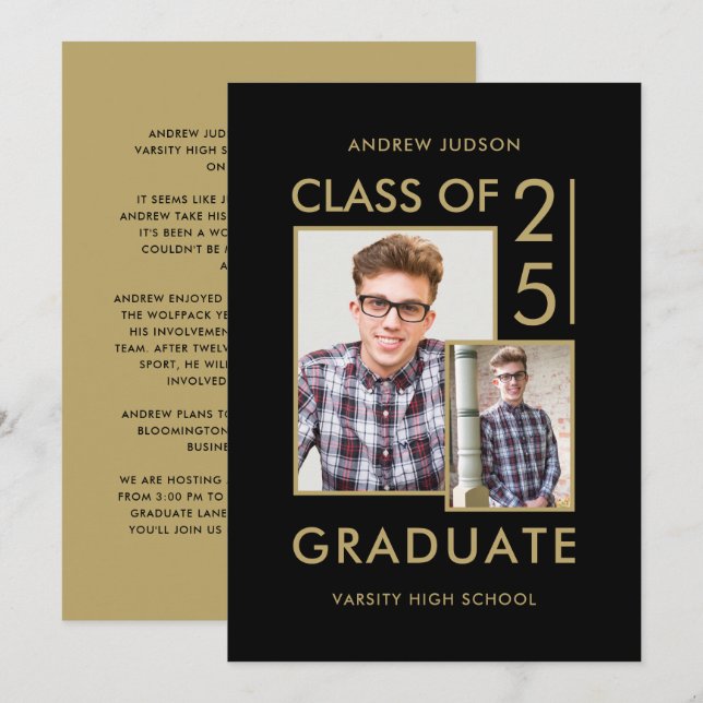 Class Of 25 Modern Black & Gold 2 Photo Open House Invitation (Front/Back)