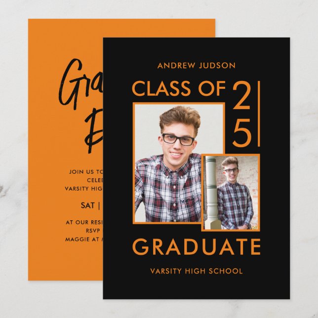 Class Of 25 Modern Black & Orange Photo Grad Party Invitation (Front/Back)