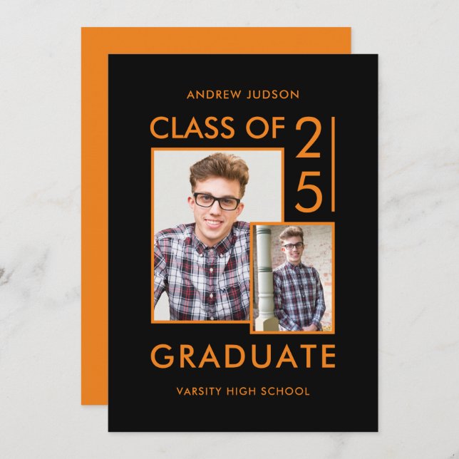 Class Of 25 Modern Black & Orange Photo Open House Invitation (Front/Back)