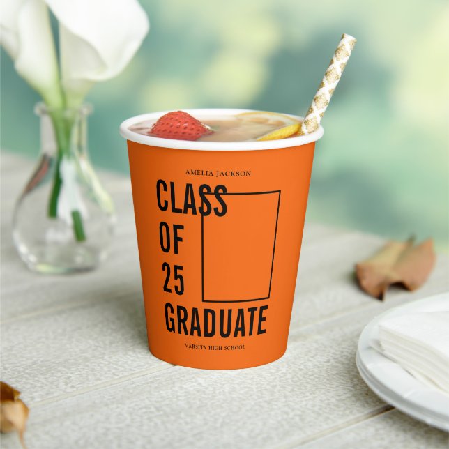 Class Of 25 Orange & Black Photo Graduation Party Paper Cups (Insitu)