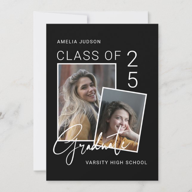 Class Of 25 Photo Black & White Script Graduation Announcement (Front)