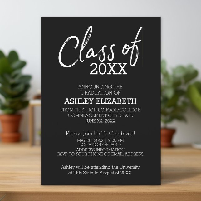 Class of ANY YEAR calligraphy Graduation Party Invitation (Classic Black and White Graduation Announcement and Invitation)
