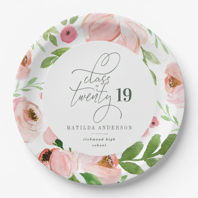 Class of blush floral watercolor graduation paper plate (Front)