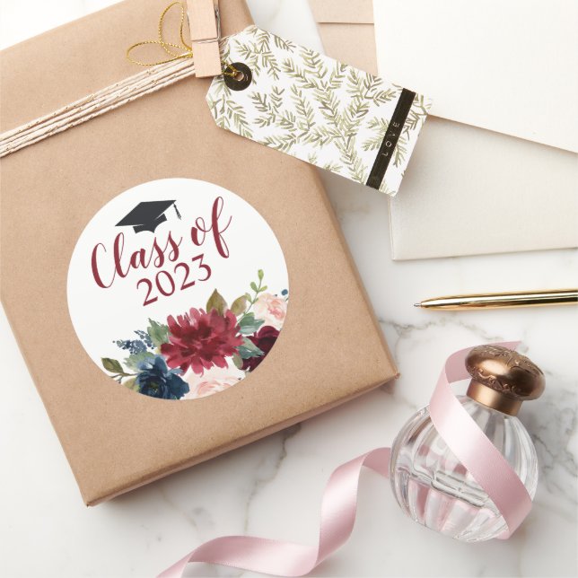 Class of Burgundy Floral Watercolor Classic Round Sticker (Gifting)