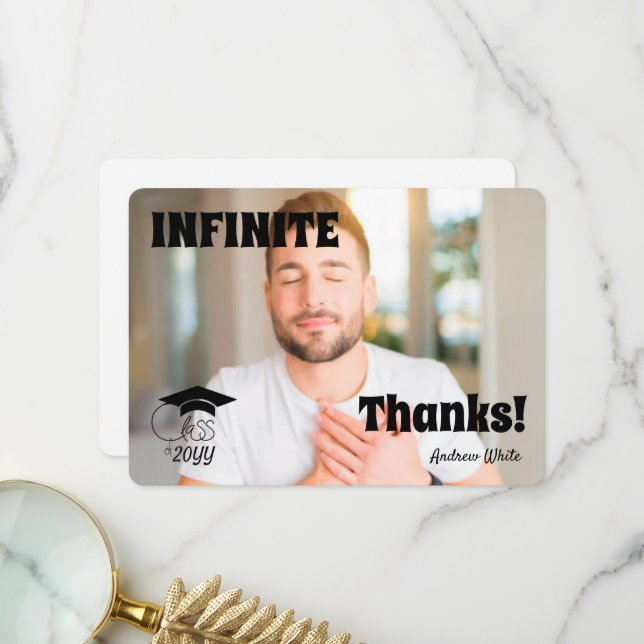 Class of-Custom Grad Photo Modern Black Script Thank You Card (Front/Back In Situ)