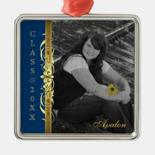 Class of Gold Scroll Photo Blue Ornament