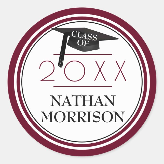 Class of | Grad Cap & Year | Burgundy/Maroon Classic Round Sticker (Front)