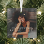 Class Of | Graduate Photo Christmas Glass Ornament<br><div class="desc">Trendy, modern typography overlay of "Graduate". Design also features the graduate's name with class year and your own photo. Minimal one photo templates of your favourite personal photos for a gift anyone would love. Perfect for any special occasion, birthday, holiday or Christmas. Give them a gift they will love and...</div>
