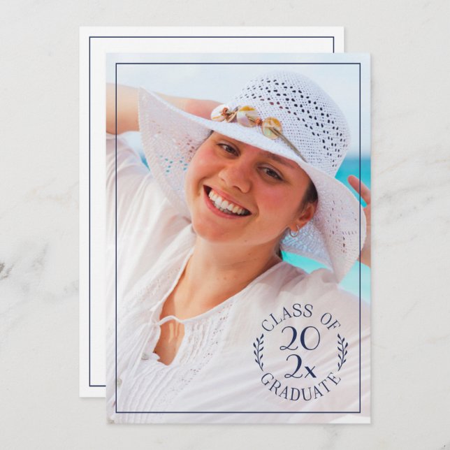 Class of Graduate Photo Modern Navy Typography Announcement (Front/Back)