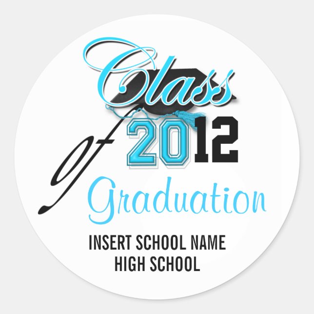 "Class of" graduation announcement aqua black Classic Round Sticker (Front)