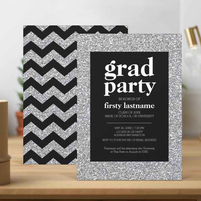 Class of - Graduation Party black silver glitter Invitation (Graduation Party Invitation - black and silver)