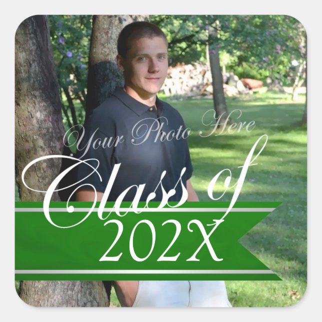 Class of Graduation Photo Banner Green Square Sticker (Front)