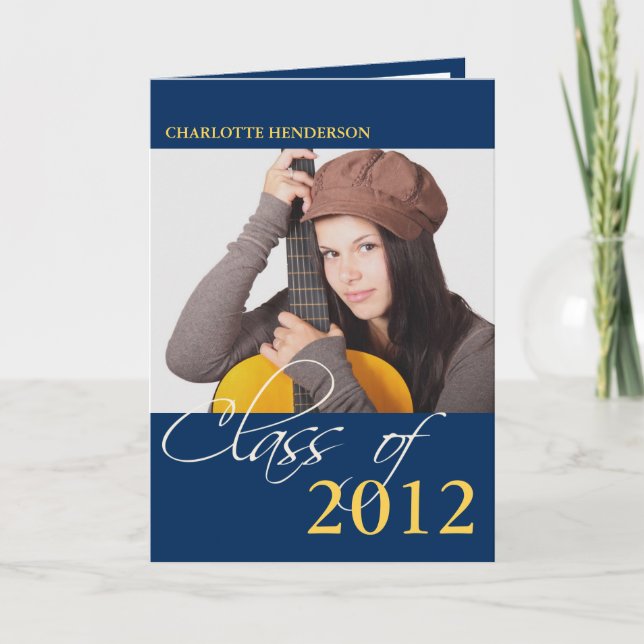 Class of navy blue graduation photo announcement (Front)