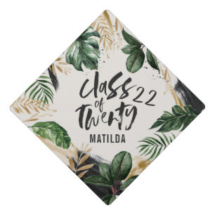 Class of twenty tropical foliage script graduation cap topper