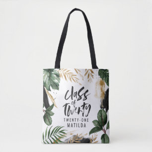 Class of twenty xx tropical leaf and typography tote bag