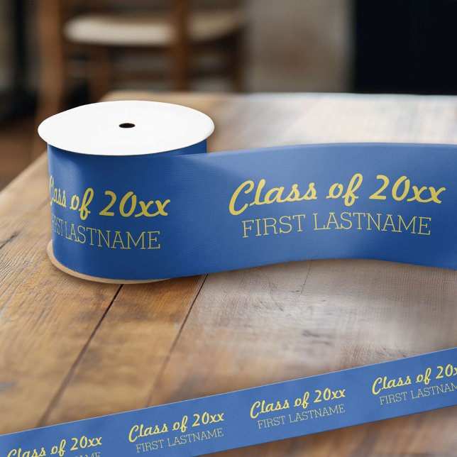 Class of Year and Name - Blue and Yellow gold Satin Ribbon (Custom Graduation Ribbon)