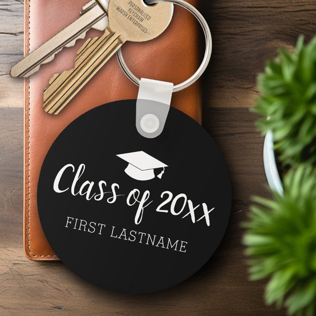 Class of Year and Name Graduation Cap - Black Keychain (Personalized Keychain - Graduation Party Favor)