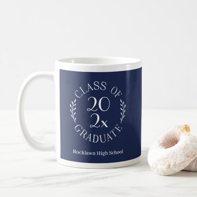 Class of Year Emblem School Name Navy Graduation Coffee Mug (With Donut)