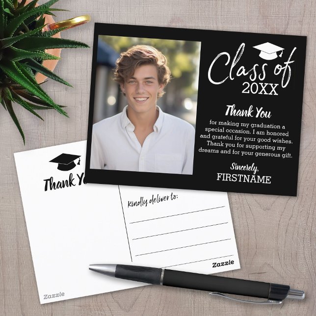 Class of YEAR Graduation Thank You Script Black Postcard (Graduation Thank You Postcard)