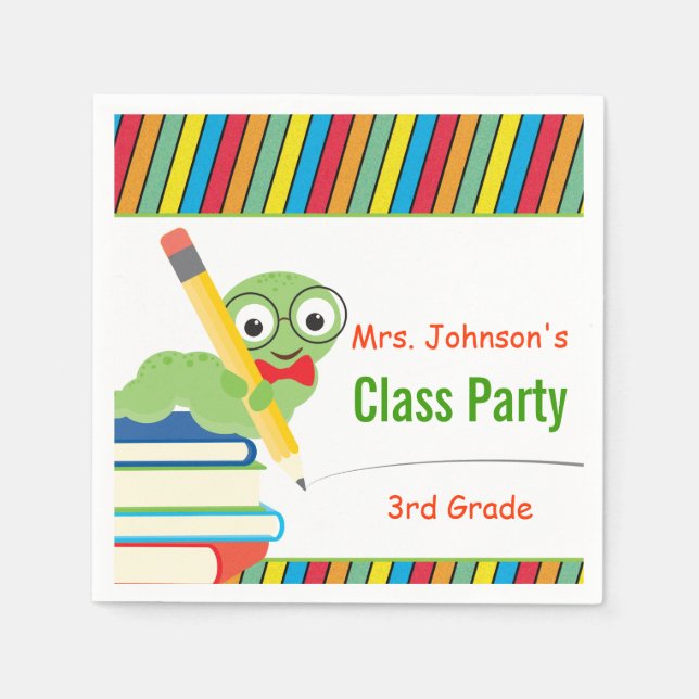 Class Party, Bookworm & Books Customizable Napkin (Front)