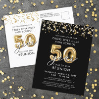Class Reunion 50 Year Black Gold Balloons Invite